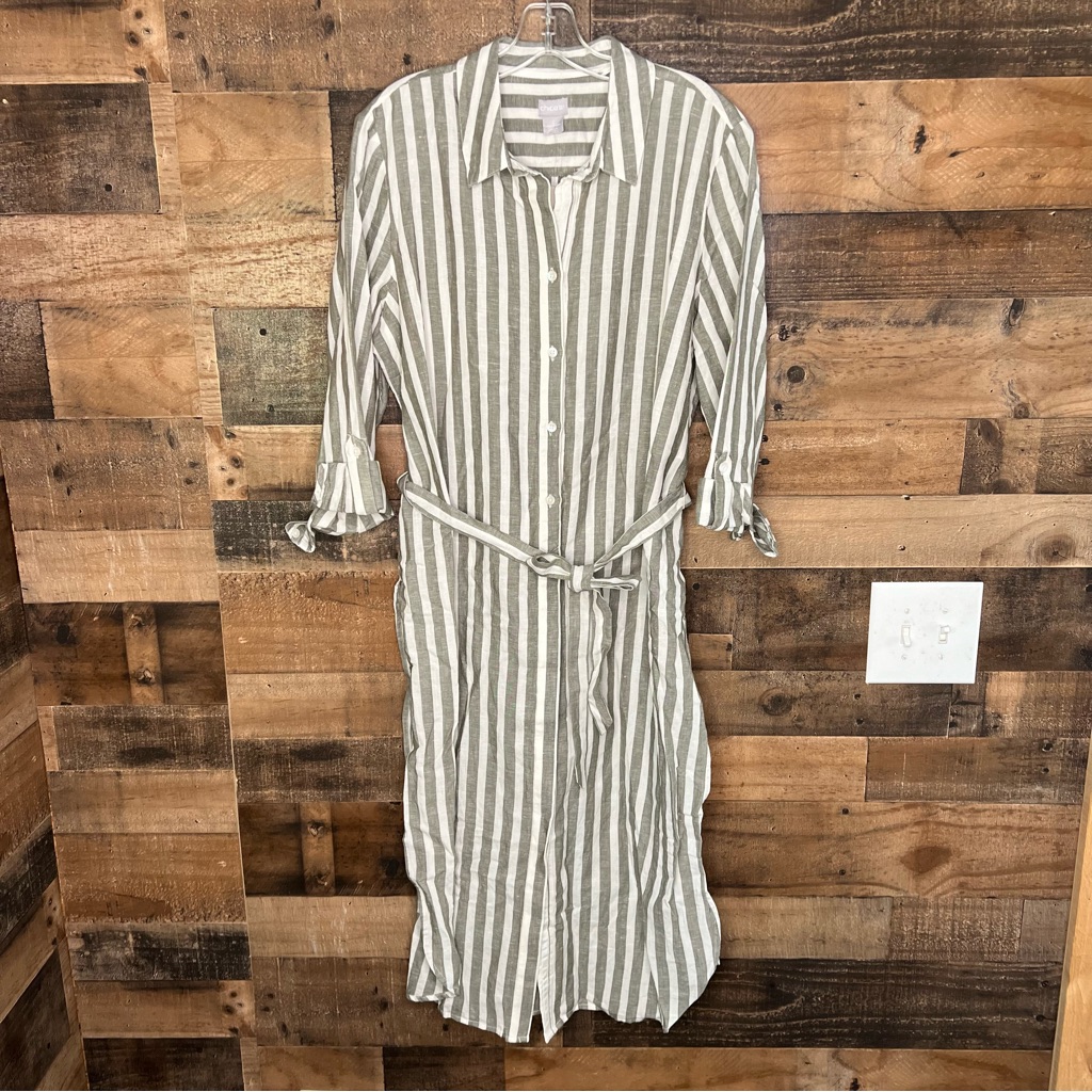 Nwt Chicos Linen Maxi Tunic Stripe Skies Top 3/4 Sleeve Tropic Olive Button Up